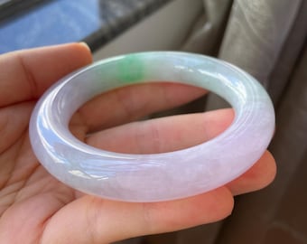 Jade Bangle 56.5mm (2.22"), Round Shape, Light Lavender & Green, Natural Jadeite Bracelet, Certified Grade A Jade, Myanmar Burmese Gemstones