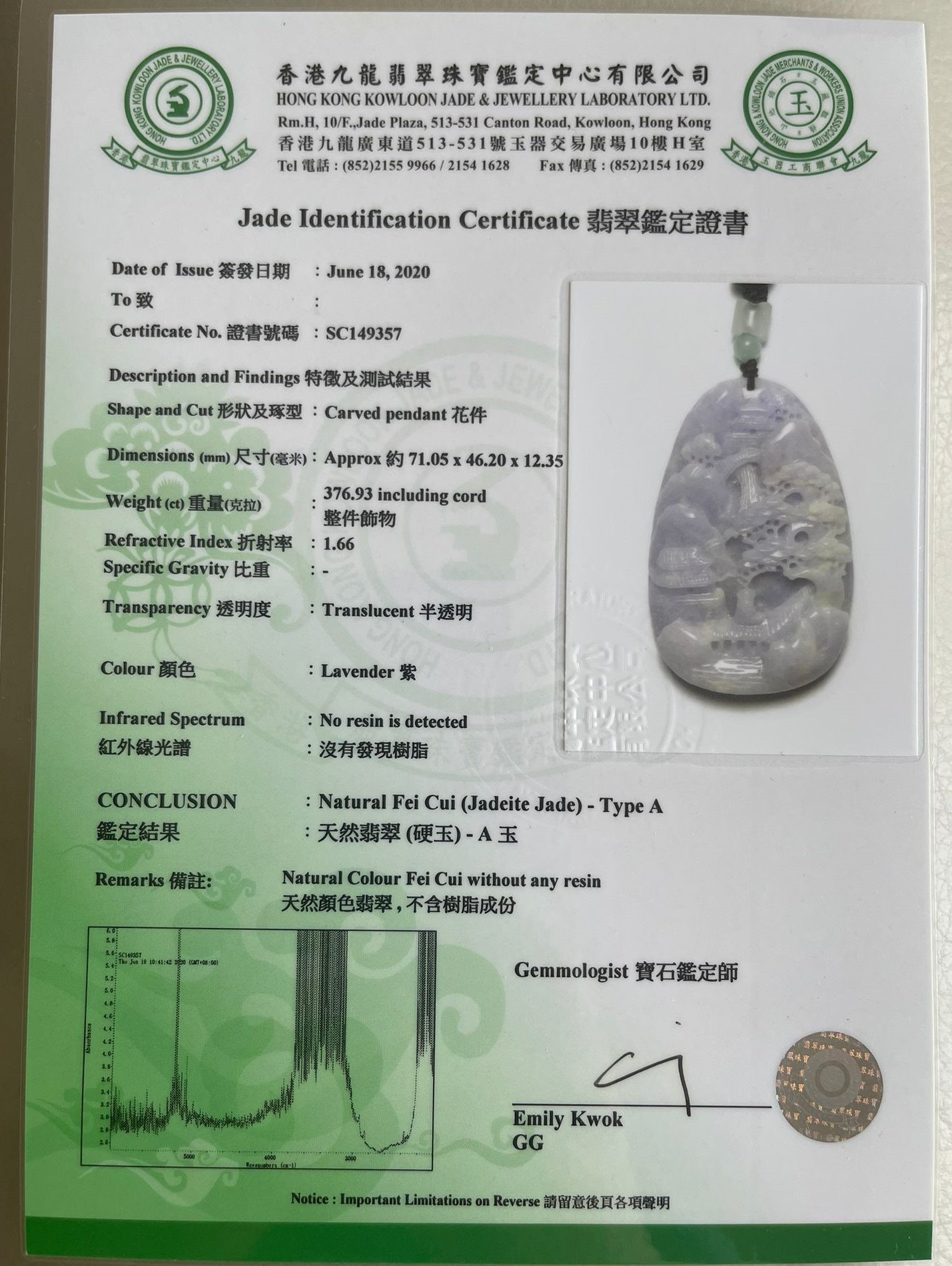 HKKJJL Certificate --- Made to Order --- Jade Identification in