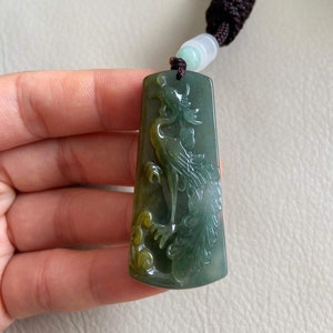 Chinese Phoenix Jadeite Jade Pendant for Necklace, Green and Brown, Natural Grade A Jade, Burma Myanmar Gemstones, Chinese Carving Jewelry