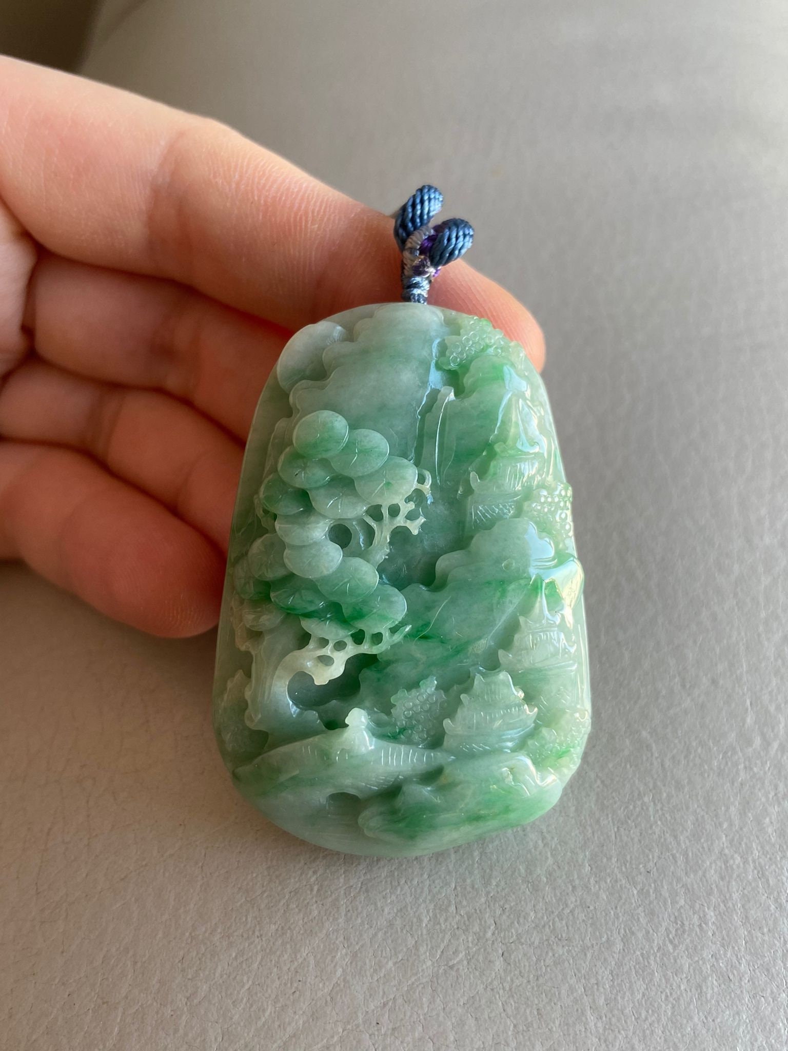 Carved Landscape Jadeite Jade Pendant, Light Green, Bridge Mountain Tree, Natural Type A Grade A Jade, Burmese Gemstone, Necklace
