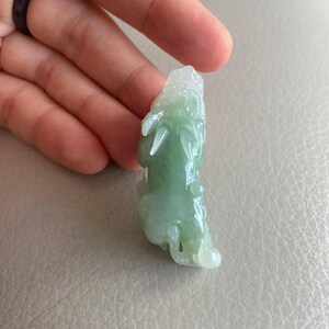 May include: A green jade pendant carved in the shape of a dragon. The pendant is translucent and has a light green color.