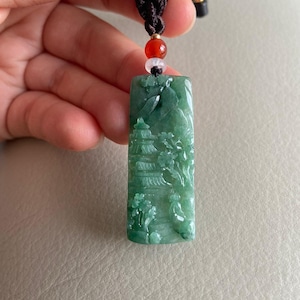 Carved Landscape Jadeite Jade Pendant, Chinese Style Scenery, Bridge Mountain Tree, Natural Type A Grade A Jade, Burmese Gemstone, Necklace