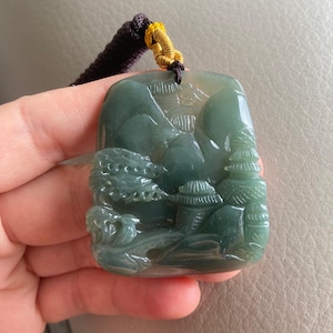 Carved Landscape Jadeite Jade Pendant, Chinese Style Scenery, Bridge Mountain Tree, Natural Type A Grade A Jade, Burmese Gemstone, Necklace