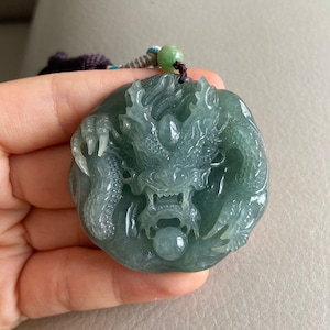 Chinese Dragon Jadeite Jade Pendant, Green, Natural Grade A Jade, Burma Myanmar Gemstones, Jewelry, Necklace