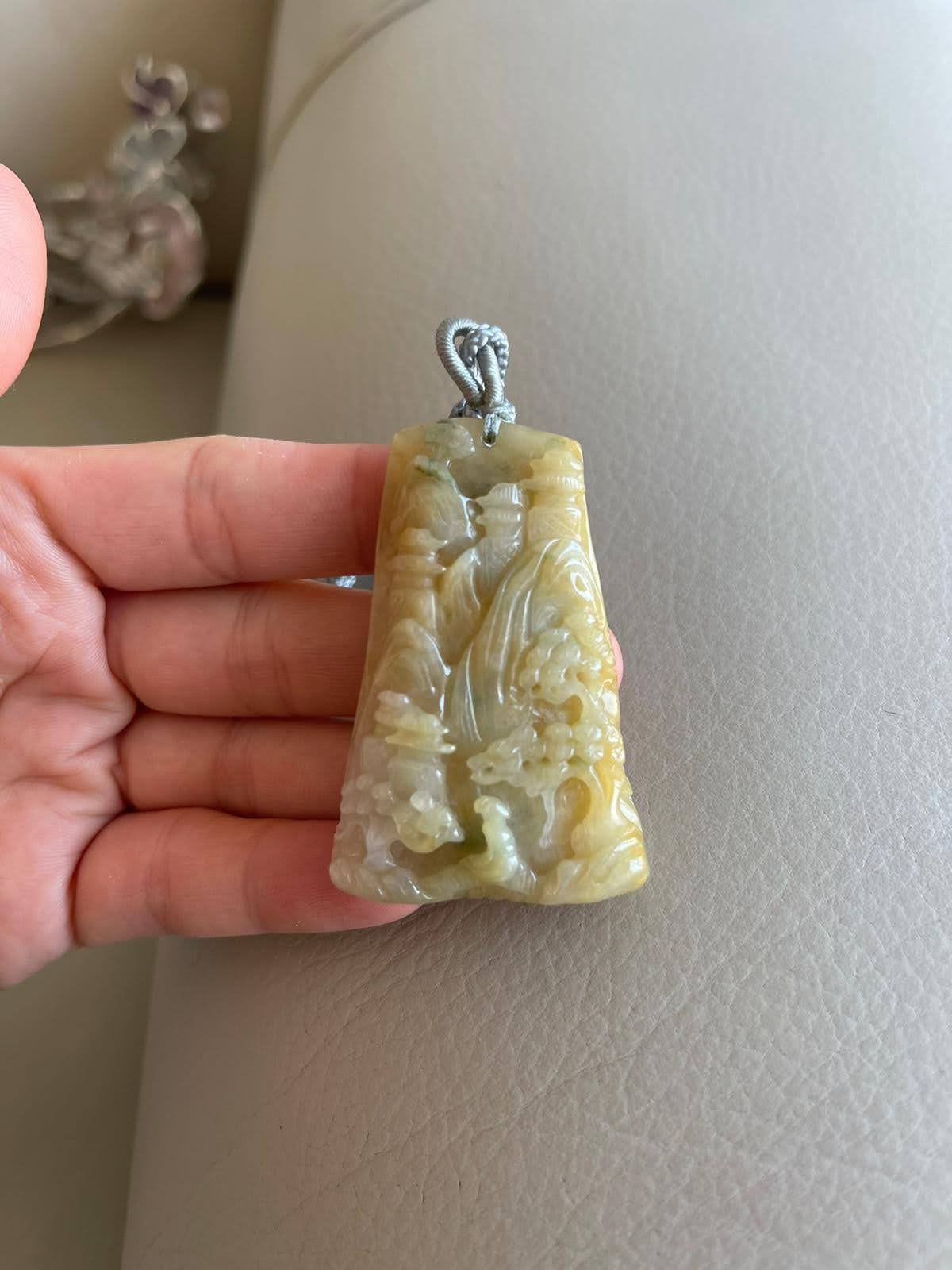 新品翡翠 円形ペンダント 彫刻風景 彫刻された風景翡翠ペンダント、中国風の風景、橋山木、天然タイプA