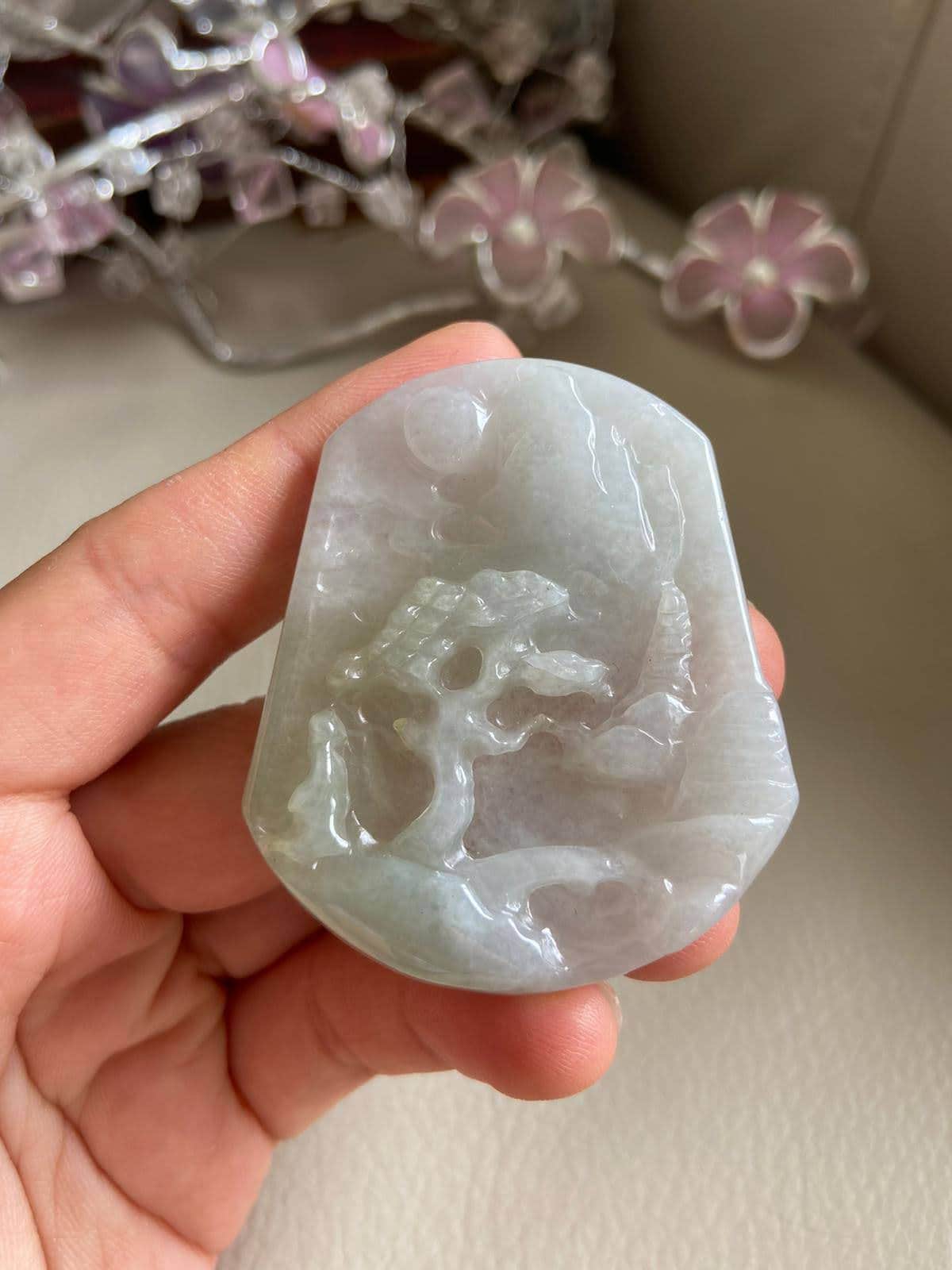 Carved Landscape Jadeite Jade Pendant, Chinese Style Scenery, Bridge Mountain Tree, Natural Type A Grade A Jade, Burmese Gemstone, Necklace
