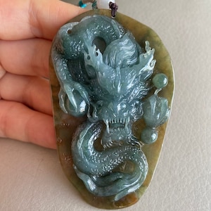 Chinese Dragon Jadeite Jade Pendant, Yellowish Brown & Green, Natural Grade A Jade, Burmese Gemstones, Jewelry, Necklace