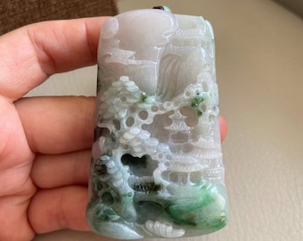 彫刻された風景翡翠ペンダント、中国風の風景、橋山木、天然タイプA