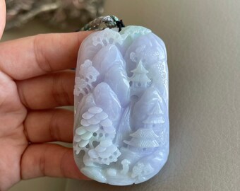 彫刻された風景翡翠ペンダント、中国風の風景、橋山木、天然タイプA