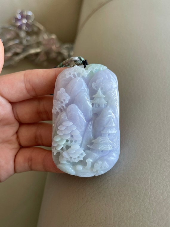 新品翡翠 円形ペンダント 彫刻風景 彫刻された風景翡翠ペンダント、中国風の風景、橋山木、天然タイプA