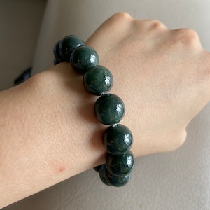 Jadeit Jade Perlen Armband (13.6 mm), dunkelgrün, natürliche Jade Klasse A, Myanmar Burma Edelstein, Schmuck