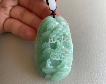 新品　翡翠 彫刻風景 ペンダント 彫刻された風景ジェダイト翡翠ペンダント、ライトグリーン、ブリッジ