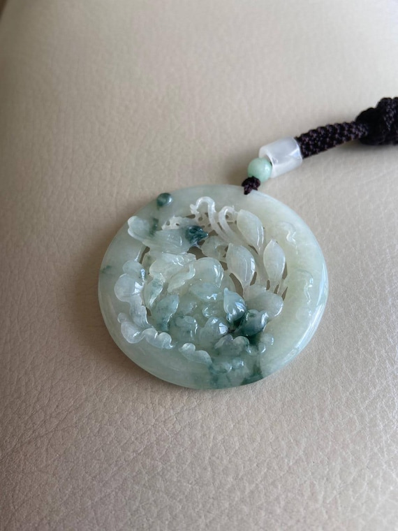 幸運の輝く鳥と花、ネックレス用翡翠ペンダント、天然グレードA翡翠