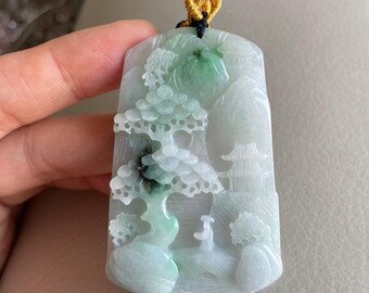 新品　翡翠 彫刻風景 ペンダント 彫刻された風景翡翠ペンダント、中国風の風景、橋山木、天然タイプA