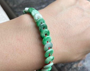 Justerbart armband med jadeitmunk, grönt och ljusgrönt, naturlig jade av grad A, obehandlad, burmesisk ädelsten, smycken