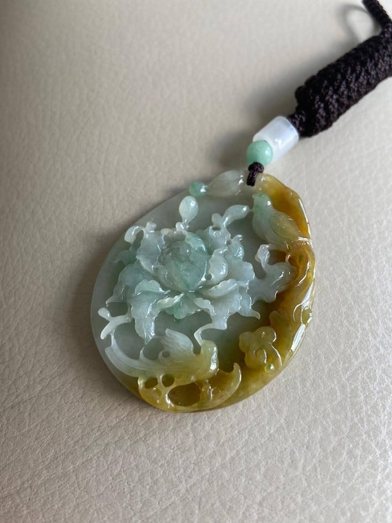 幸運の輝く鳥と花、ネックレス用翡翠ペンダント、天然グレードA翡翠