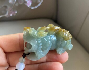中国産貔貅（ひきゅう）翡翠ペンダント、緑と黄色、天然グレードA翡翠