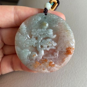 Carved Landscape Jadeite Jade Pendant, Chinese Style Scenery, Bridge Mountain Tree, Natural Type A Grade A Jade, Burmese Gemstone, Necklace