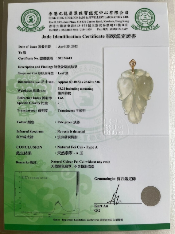 HKKJJL証明書 --- オーダーメイド --- 香港における翡翠の鑑定 -- A級A