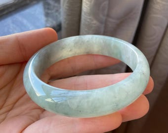 Jade Bangle 59.9mm (2.36"), Round Shape, Icy Apple Green with little Black, Natural Jadeite Bracelet, Grade A, Burmese Gemstones Jewelry
