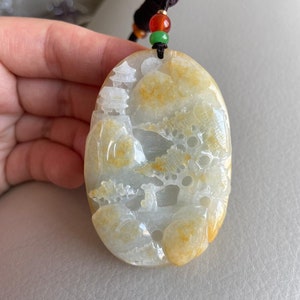 Carved Landscape Jadeite Jade Pendant, Chinese Style Scenery, Bridge Mountain Tree, Natural Type A Grade A Jade, Burmese Gemstone, Necklace