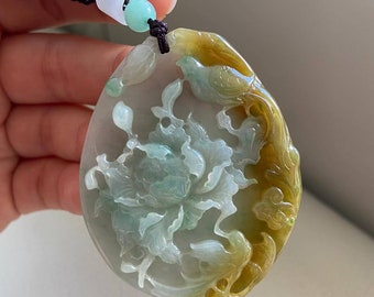 幸運の輝く鳥と花、ネックレス用翡翠ペンダント、天然グレードA翡翠