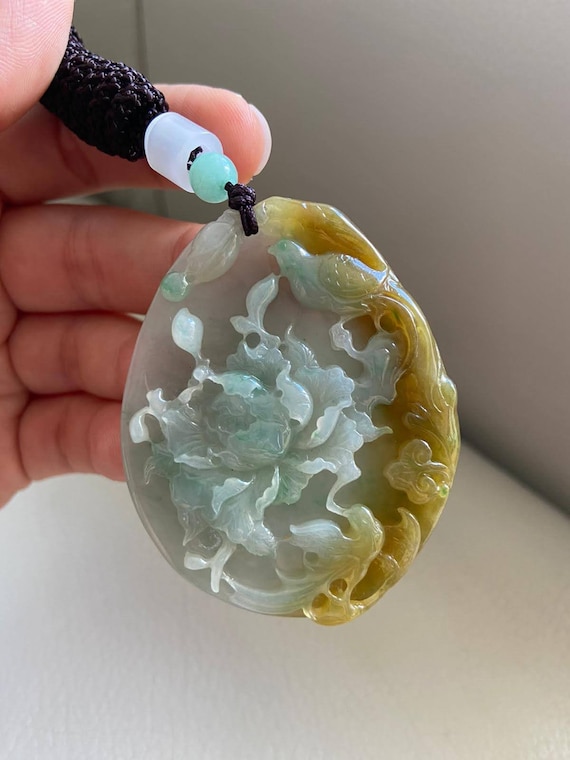 幸運の輝く鳥と花、ネックレス用翡翠ペンダント、天然グレードA翡翠