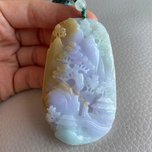 Carved Landscape Jadeite Jade Pendant, Chinese Style Scenery, Bridge Mountain Tree, Natural Type A Grade A Jade, Burmese Gemstone, Necklace