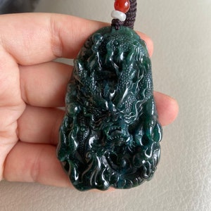 Chinese Dragon Jadeite Jade Pendant, Dark Green, Natural Grade A Jade, Burmese Gemstones, Jewelry, Necklace