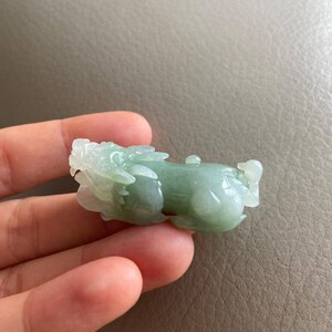 May include: A jade green carved jade pendant in the shape of a mythical creature. The pendant is detailed and has a smooth, polished finish.