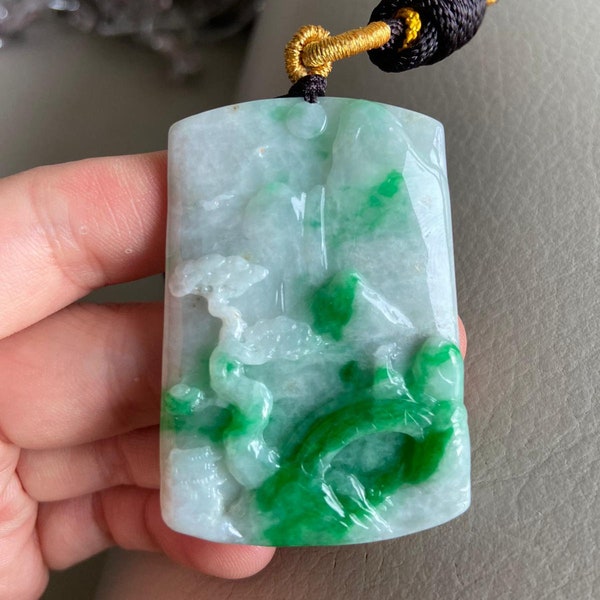 Carved Landscape Jadeite Jade Pendant, Chinese Style Scenery, Bridge Mountain Tree, Natural Type A Grade A Jade, Burmese Gemstone, Necklace