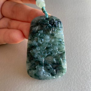 Carved Landscape Jadeite Jade Pendant, Green, Bridge Mountain Tree, Natural Type A Grade A Jade, Burmese Gemstone, Necklace