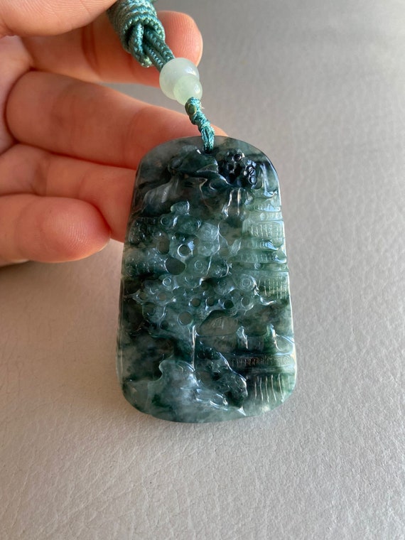 新品　翡翠 彫刻風景 ペンダント 彫刻された風景ジェダイト翡翠ペンダント、グリーン、ブリッジ