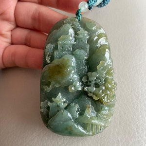 Carved Landscape Jadeite Jade Pendant, Chinese Style Scenery, Bridge Mountain Tree, Natural Type A Grade A Jade, Burmese Gemstone, Necklace