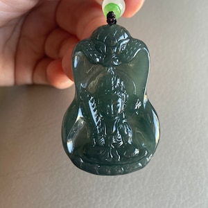 GuanYin (觀音) & Snake Jadeite Jade Pendant, Green, Natural Grade A Jade Certified, Guatemalan Gemstones Jewelry, Necklace