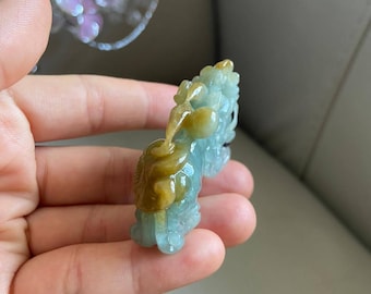 中国産貔貅（ひきゅう）翡翠ペンダント、緑と黄色、天然グレードA翡翠