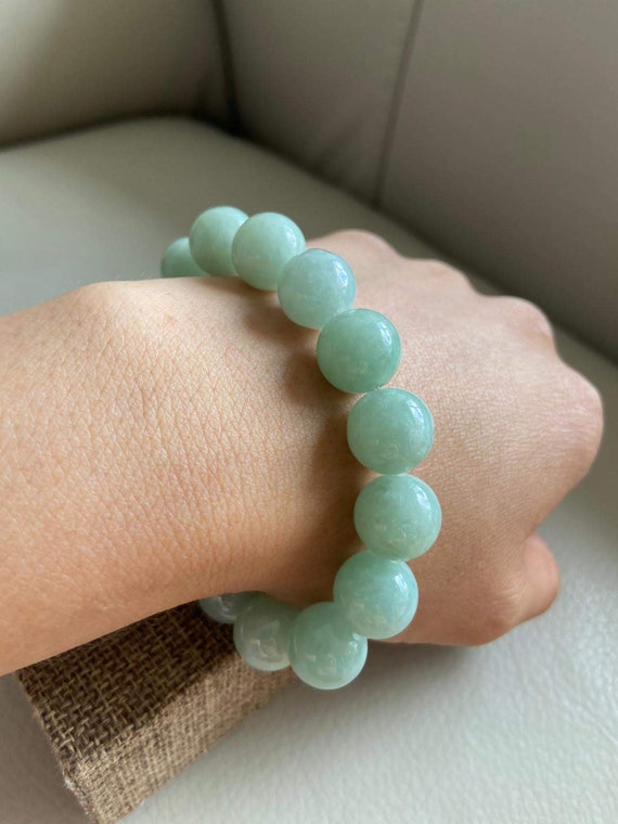 Braccialetto Di Perline Rotonde Di Giada Giadeite Rara Da 10,3 Mm, Muschio Ghiacciato Nei Toni Del Verde Mela Della Neve, Non Trattato, Grado A/Myanmar/regalo Di Anniversario Per I Propri Cari - Foto 2