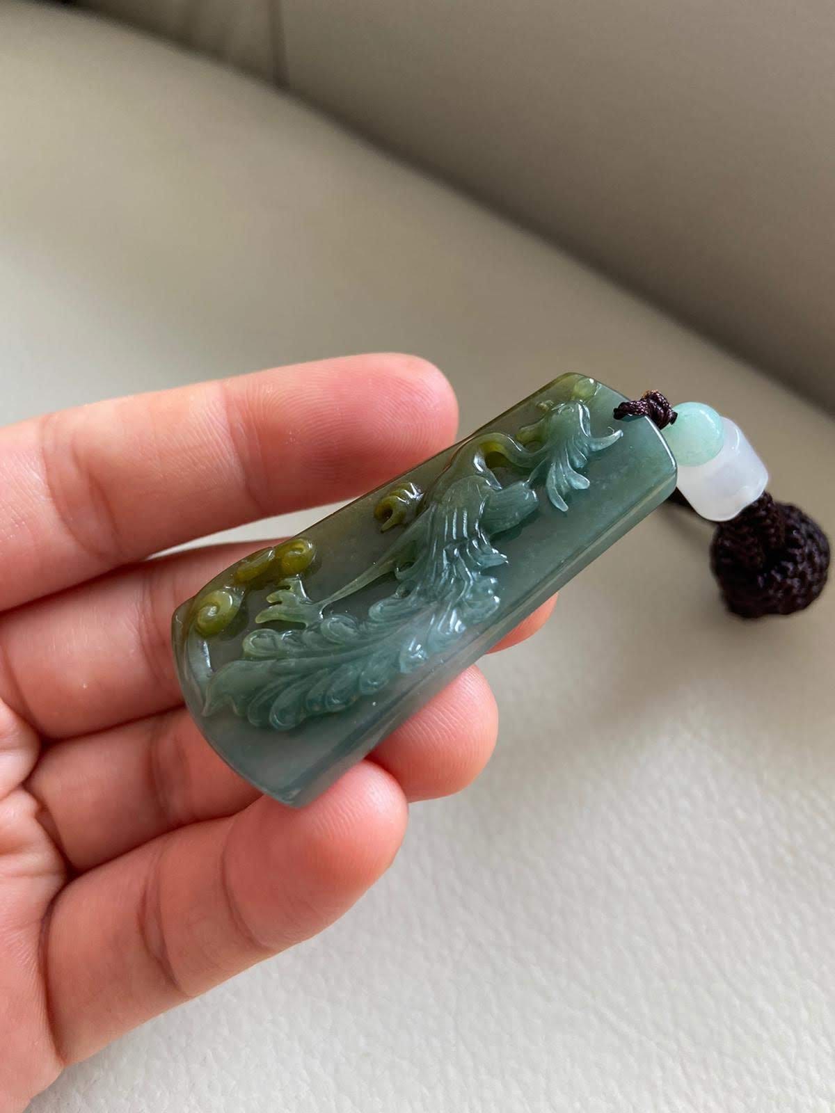 Pendentif Phénix Fleur En Jadéite Naturelle Verte De Birmanie - Certifié A
