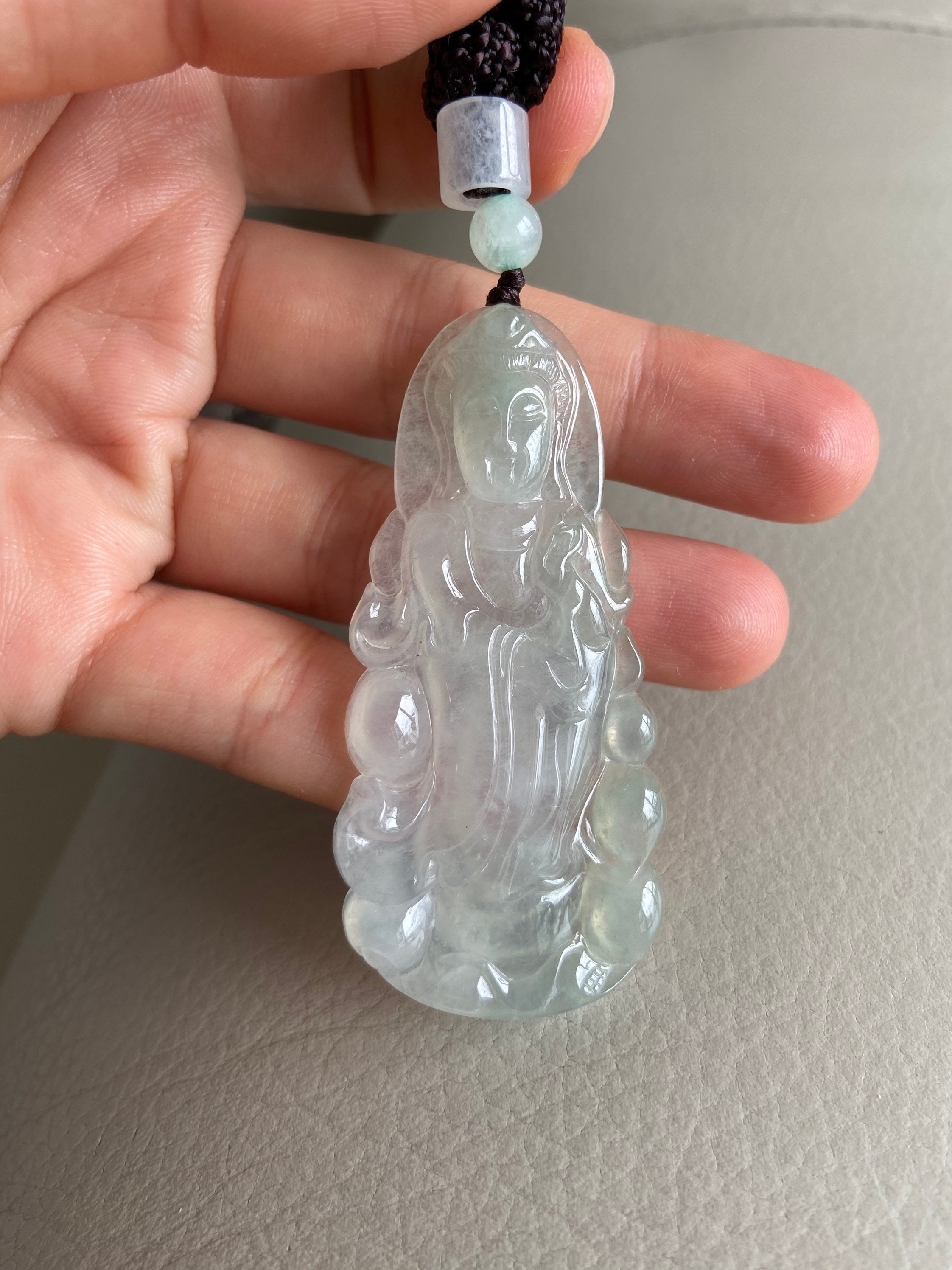 Guan Yin Jadeite Pendant for Necklace, Icy Translucent Green, Natural Grade A Jade, GuanYin, Burma Gemstone, Chinese Carved Carving Jewelry