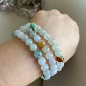 Jadeite Beaded Bracelet (7.0 mm), Icy Light Green Light Lavender, Natural Grade A Jade, Burmese Gemstone Jewelry
