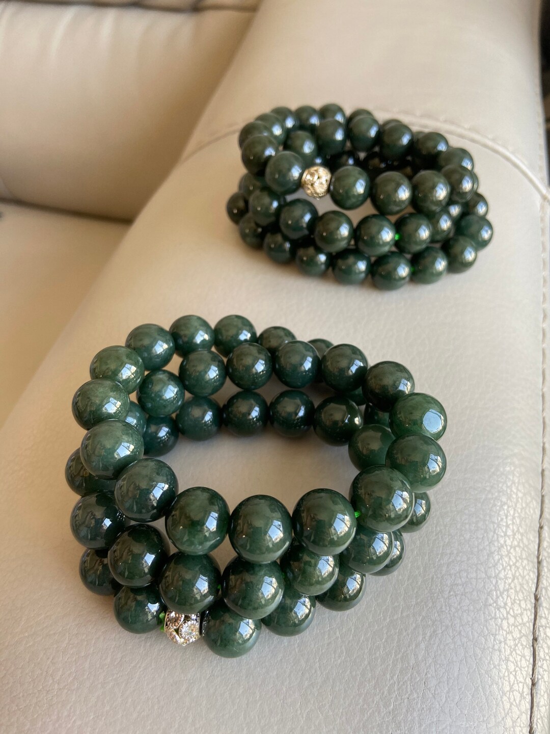 Collana Con Perline Annodate In Pietra Spessa Rotonda Grande Da 14 Mm In Giada Verde, 18"-45", Bracciale, Orecchini, Uomo, Donna Gioielli In Giada - Italia - Foto 4