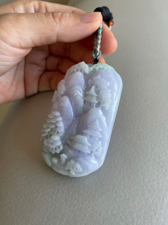 彫刻された風景翡翠ペンダント、中国風の風景、橋山木、天然タイプA