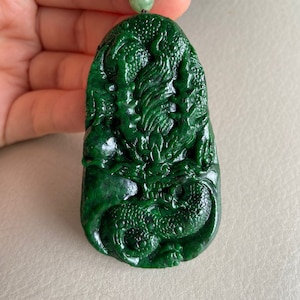 Chinese Dragon Jadeite Jade Pendant, Green, Natural Grade A Jade, Burma Myanmar Gemstones, Jewelry, Necklace