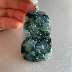 Carved Landscape Jadeite Jade Pendant, Green, Bridge Mountain Tree, Natural Type A Grade A Jade, Burmese Gemstone, Necklace