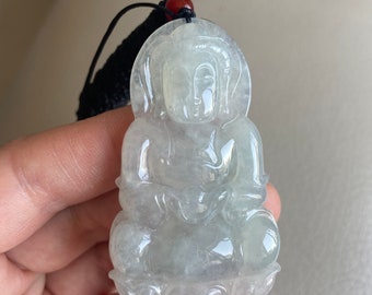 GuanYin Jadeite Pendant for Necklace, Icy Translucent Green, Natural Grade A Jade, Untreated Burma Gemstone, Chinese carved carving jewelry