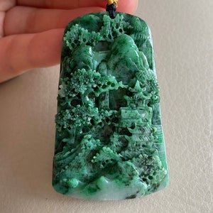 Carved Landscape Jadeite Jade Pendant, Light Green, Bridge Mountain Tree, Natural Type A Grade A Jade, Burmese Gemstone, Necklace