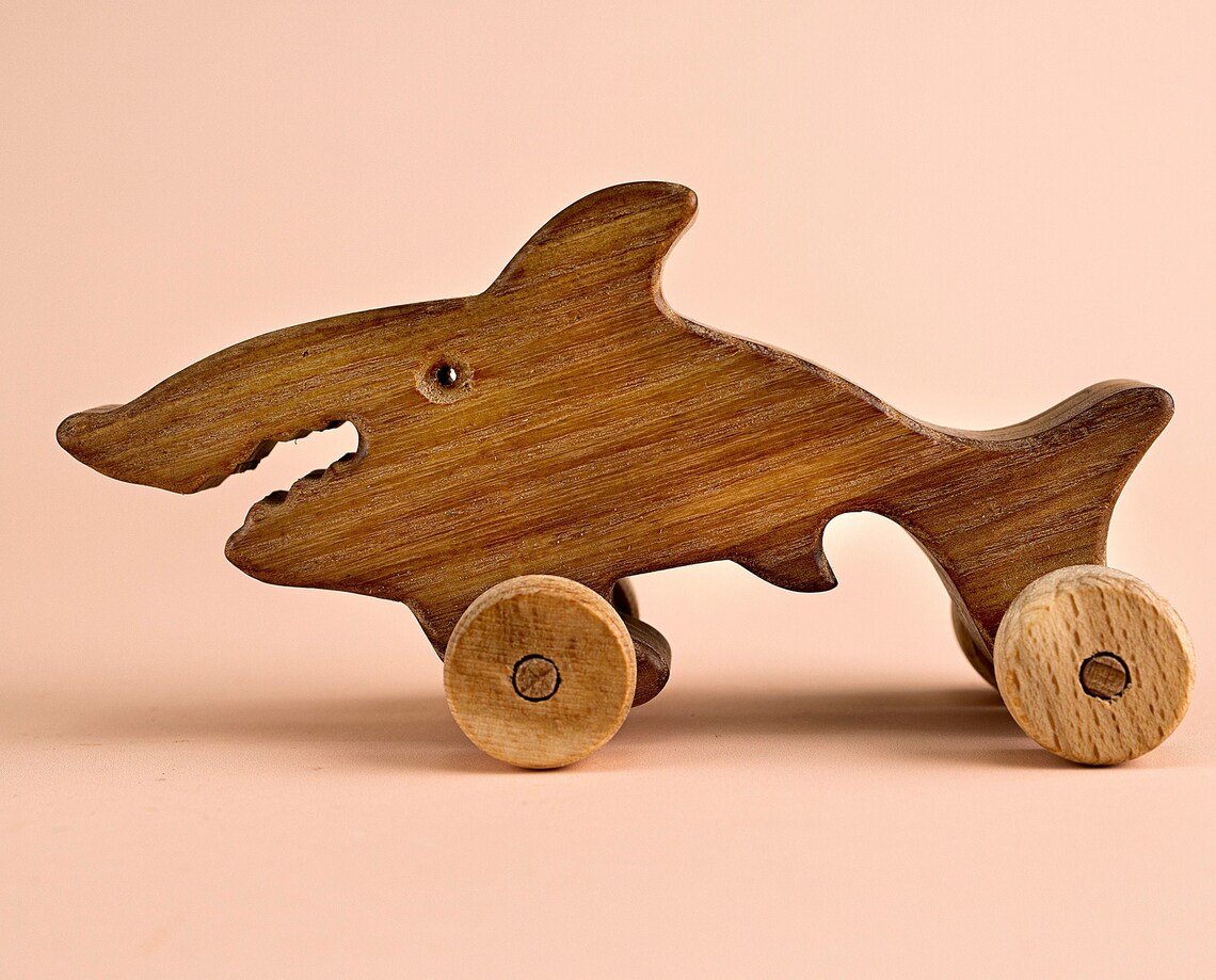 Wooden animals on wheels Wooden toy shark Wooden push toy Etsy