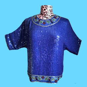 Bright blue sequin and beaded top by Carolyne Barton Night. 1980s vintage silk sequin trophy top. UK size 8/10/12