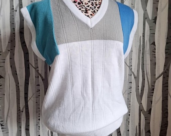 1980s Knitted Tennis Vest: Geometric Blue Grey Sweater by Olympus Sport Size S