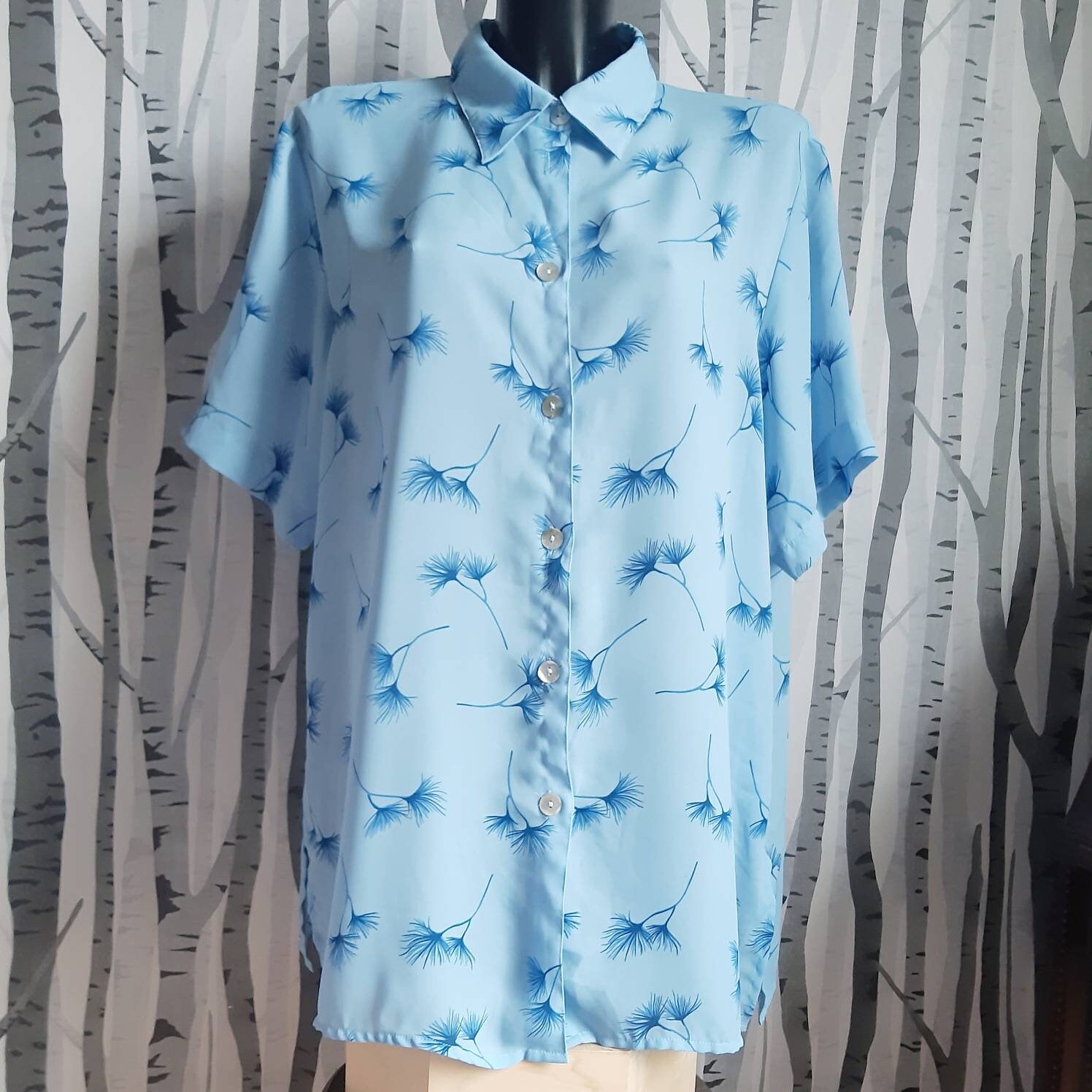 Pastel Powder Blue Floral Print Blouse 40